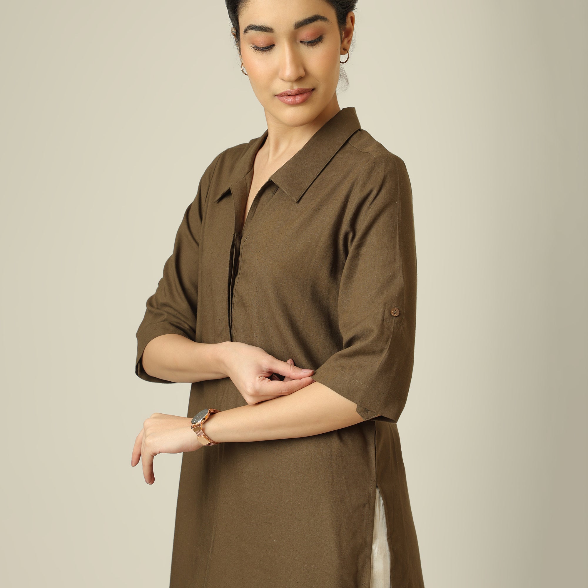 Soraya Linen Co-Ord Set - Olive Green & Beige