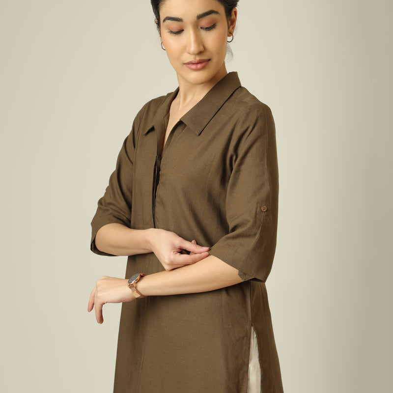 Soraya Linen Co-Ord Set - Olive Green & Beige