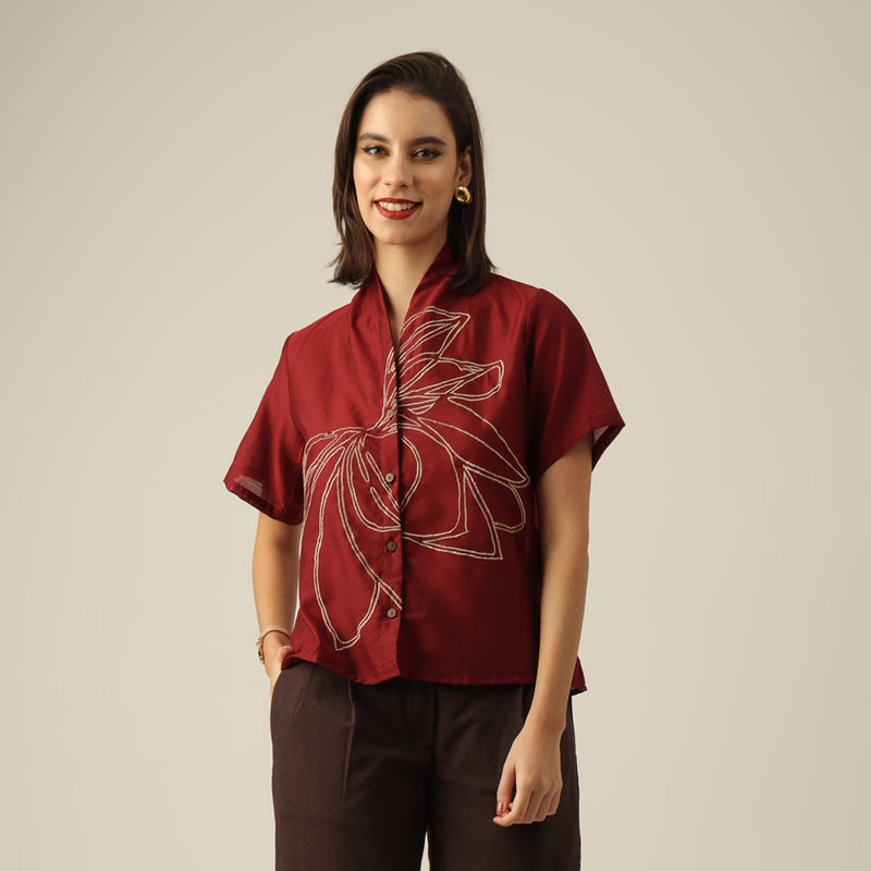Women Maroon Chanderi Silk Wrap Collar Shirt with Hand-Embroidered Lotus Motif