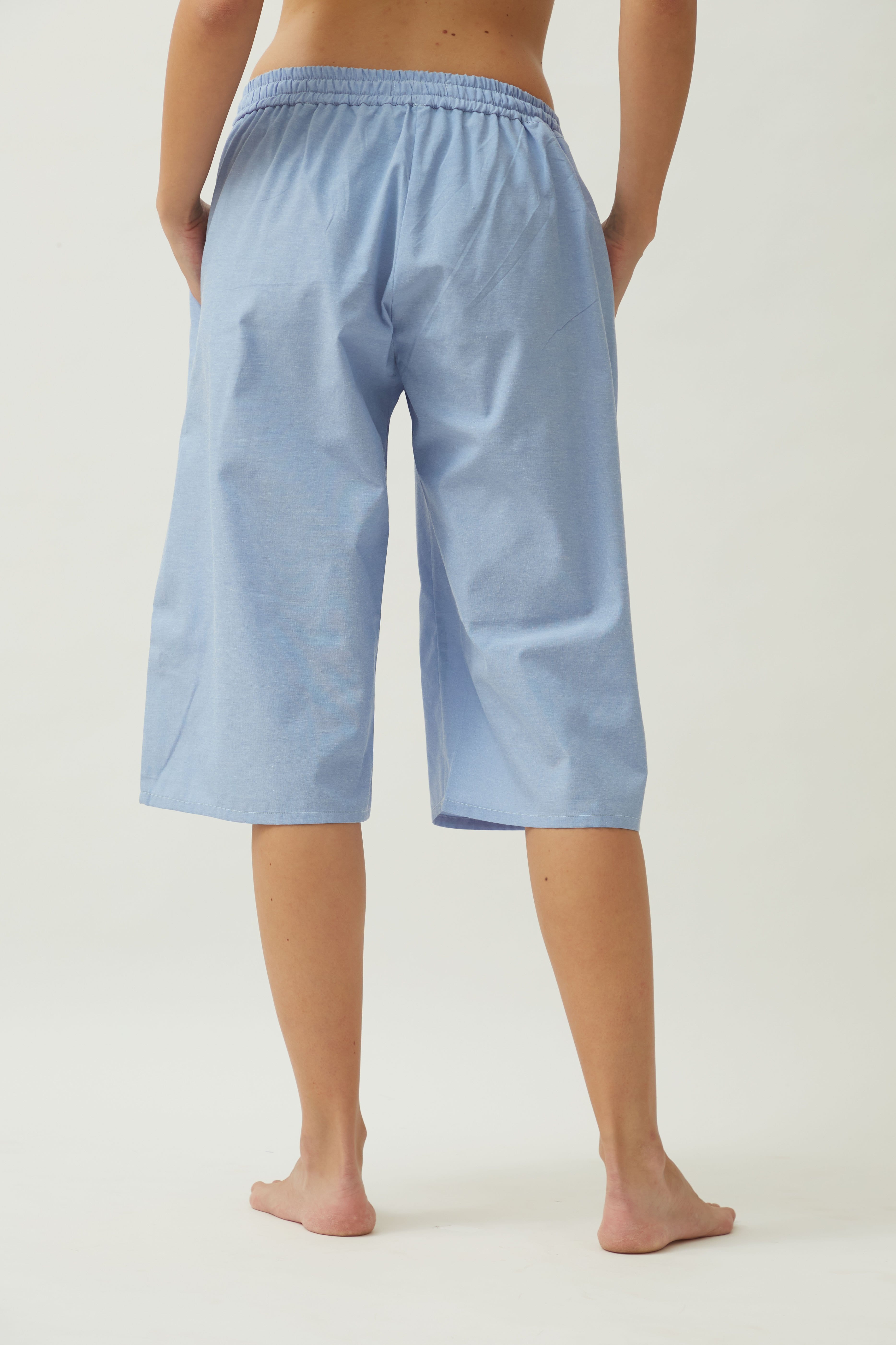 Saltpetre womens casual knee length culotte shorts with side pockets, in citadel blue in 100% organic cotton fabric.