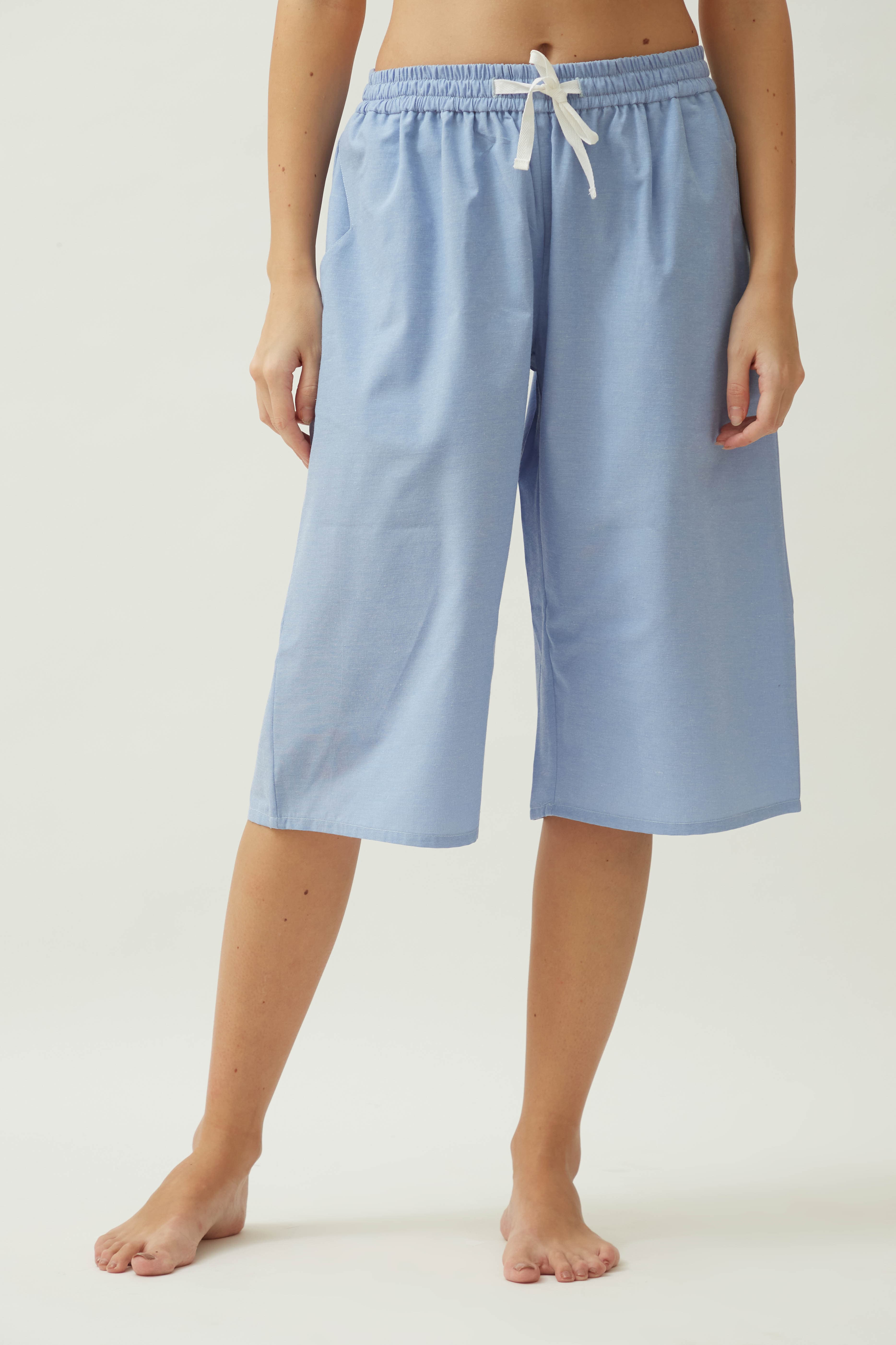 Saltpetre womens casual knee length culotte shorts with side pockets, in citadel blue in 100% organic cotton fabric.