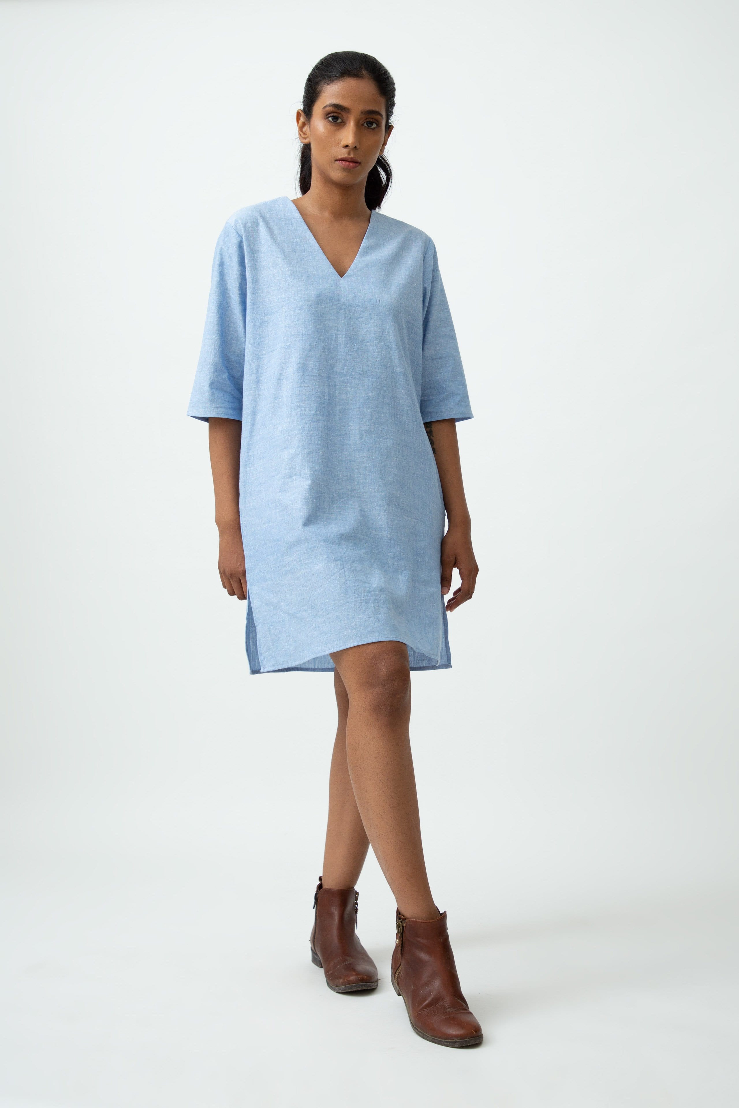 Saltpetre womens casual and lounge wear - sky blue. Three-quarter sleeves with v-shaped neck one-piece.