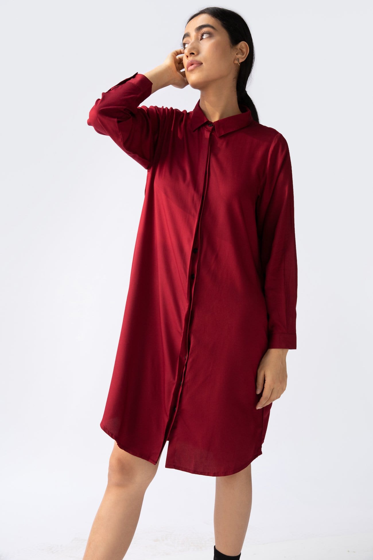 Saltpetre's womens wear - maroon knee-length long shirt with front buttons, full sleeves and collared neck. Made out of 100% organic cotton.