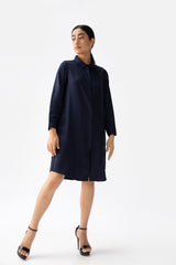 Saltpetre's womens wear - navy blue knee-length long shirt with front buttons, full sleeves and collared neck. Made out of 100% organic cotton.