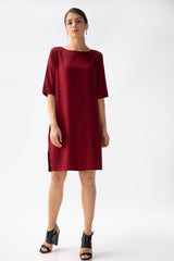Saltpetre womens wear, indo-western knee length dress for semi formal, casual, occassional wear.
 Comfortably elegant dress in maroon colour with three quarter sleeves, side slits and side pockets.