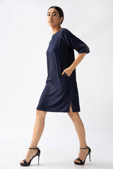 Saltpetre womens wear, indo-western knee length dress for semi formal, casual, occassional wear. Comfortably elegant dress in Navy blue colour with three quarter sleeves, side slits and side pockets.