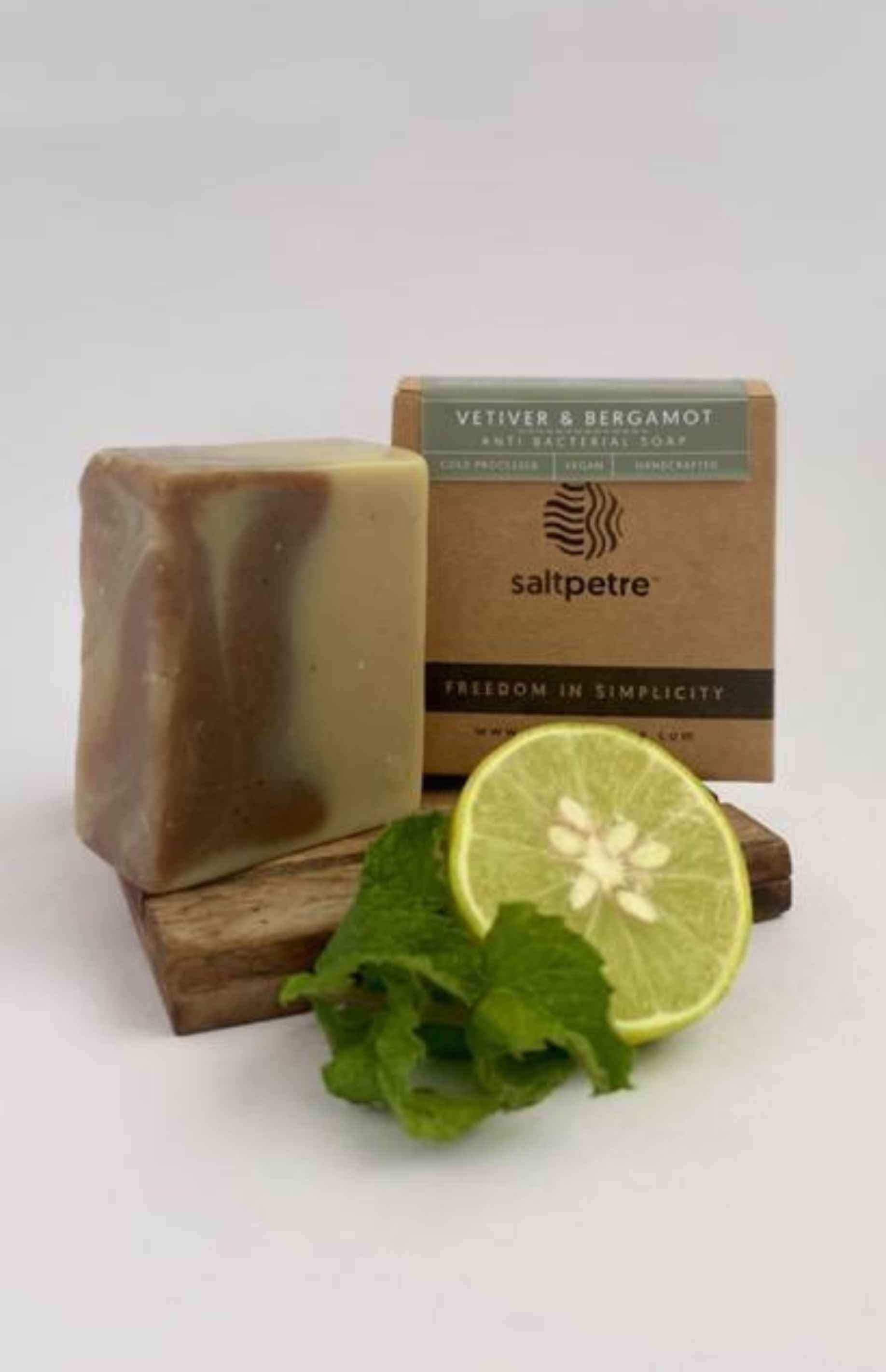 Saltpetre handmade body and face soap with natural plant extracts, handmade skincare gift set. Vegan soap made from plant oils. Bergamot & vetiver