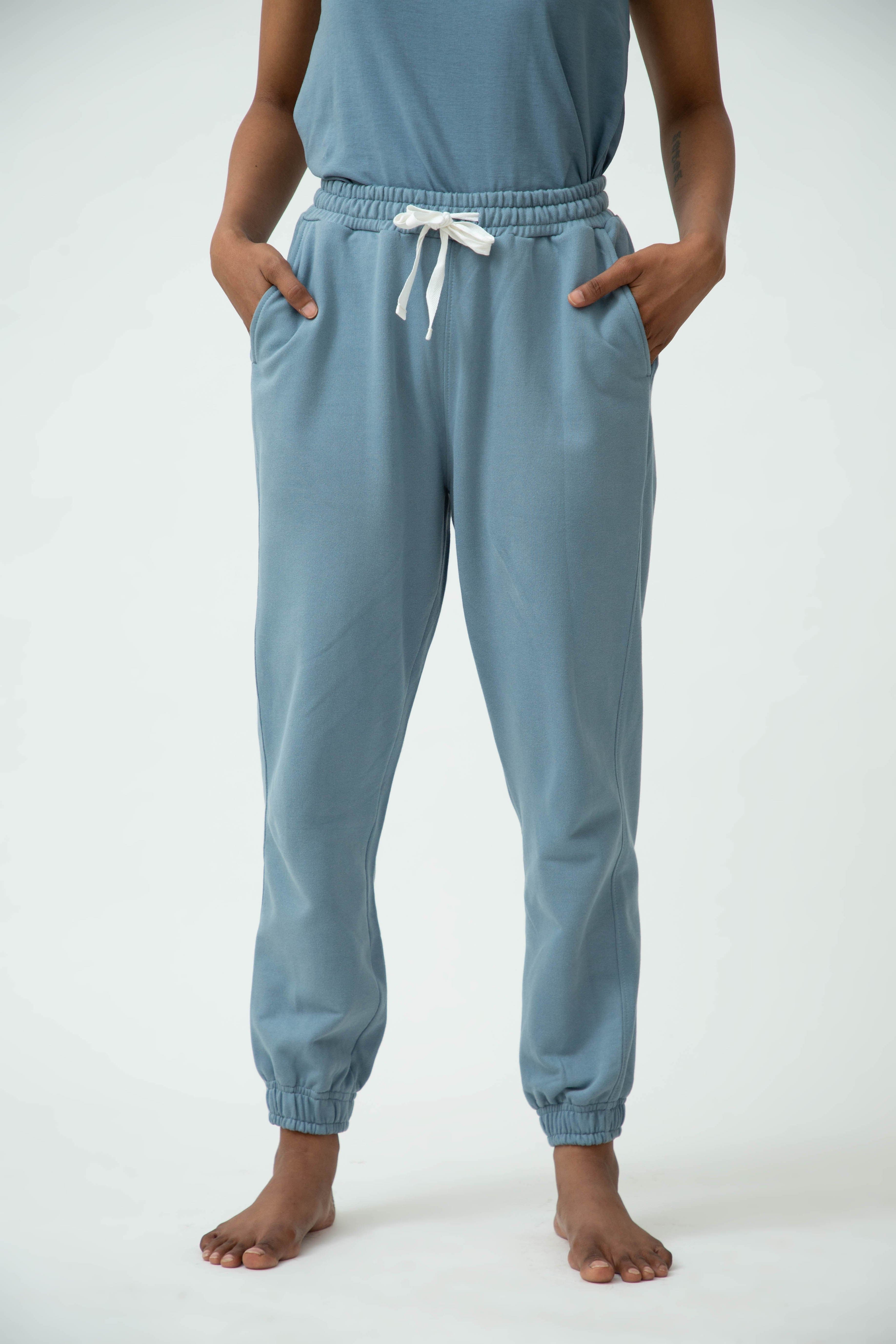 Saltpetre womens wear, lounge wear for casual wear. Comfortable joggers with elasticated ankle and side pockets in pale blue colour. Made from 100% organic cotton.