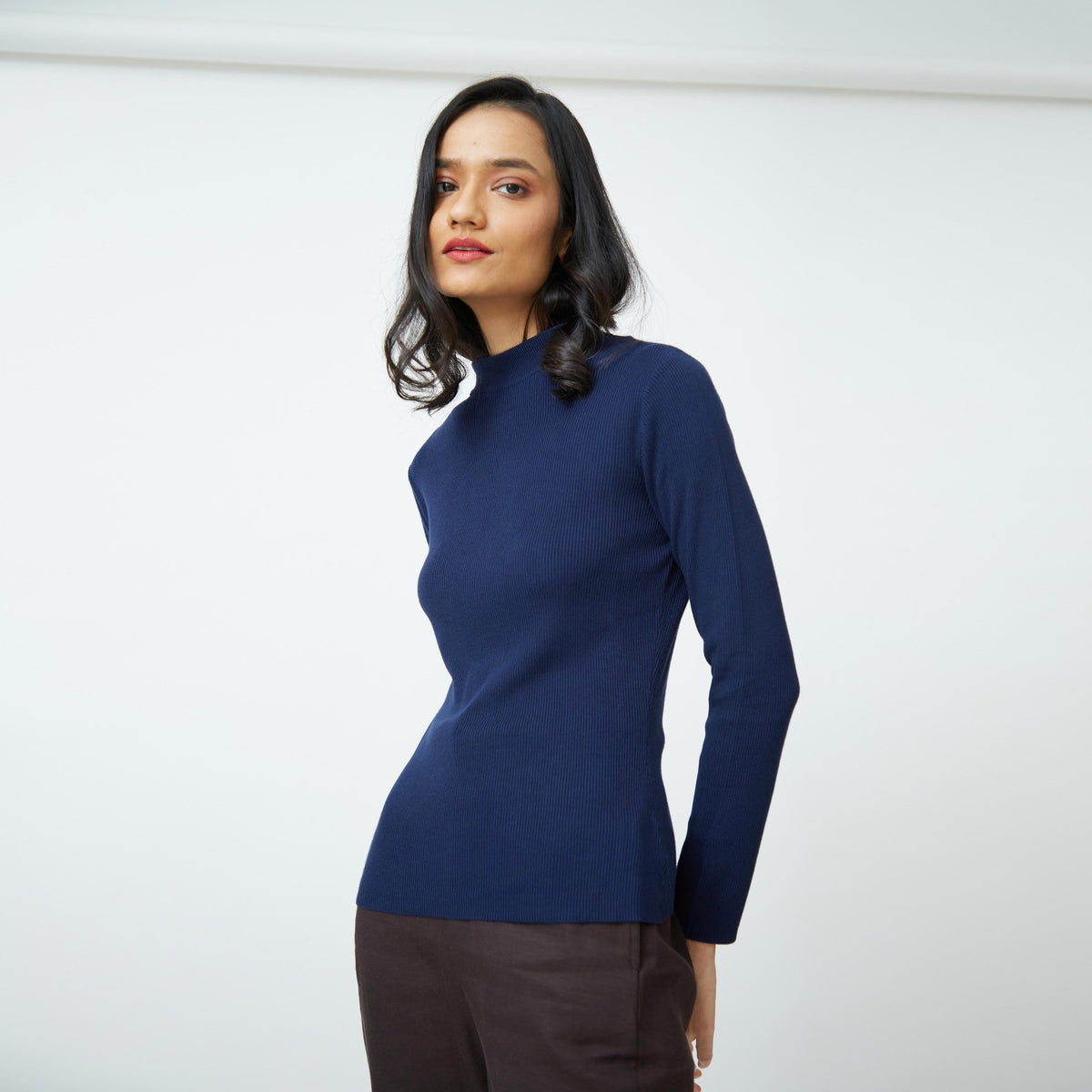 Saltpetre womens high neck mock turtle shirt in full sleeves - navy blue. Best for semi-formal and casual outdoor wear.