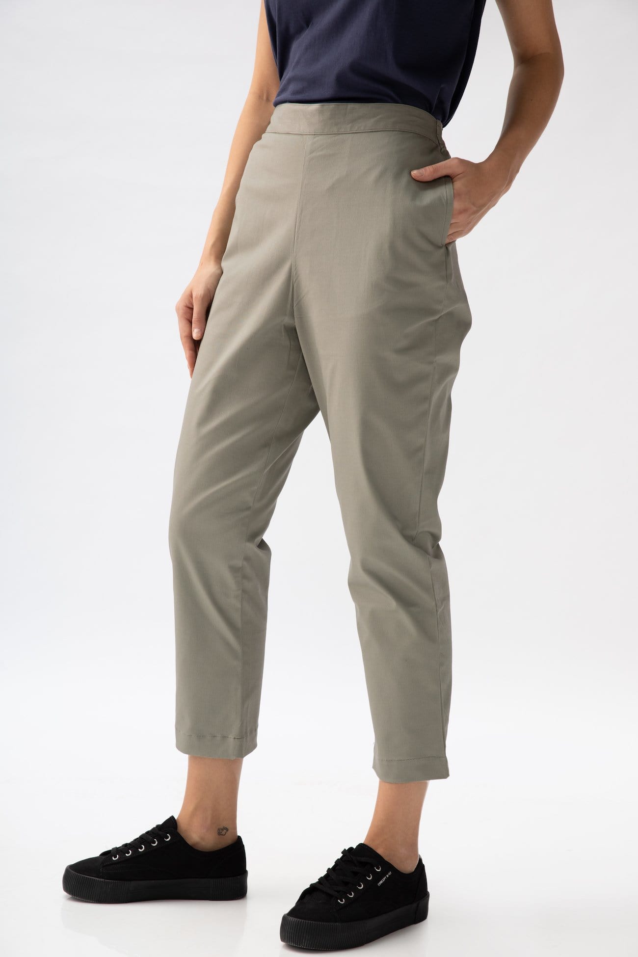 Saltpetre womens casual and formal wear pants, in khaki-grey, 100% organic cotton fabric, indo-western wear in ankle length pants and deep pockets