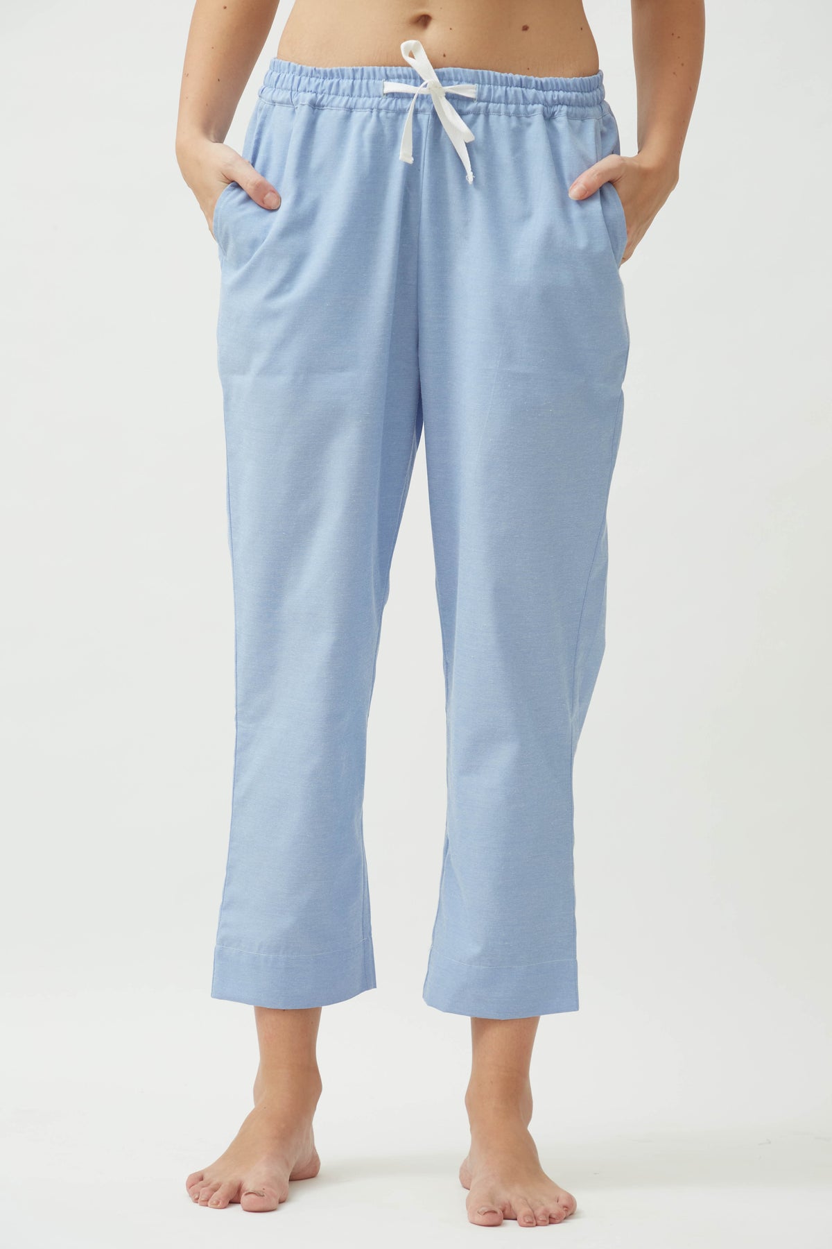 Saltpetre womens wear, indo-western pants for semi formal, casual, occassional wear. Comfortably elegant straight leg pants in pale blue colour. Ankle length, back elastic and side pockets.