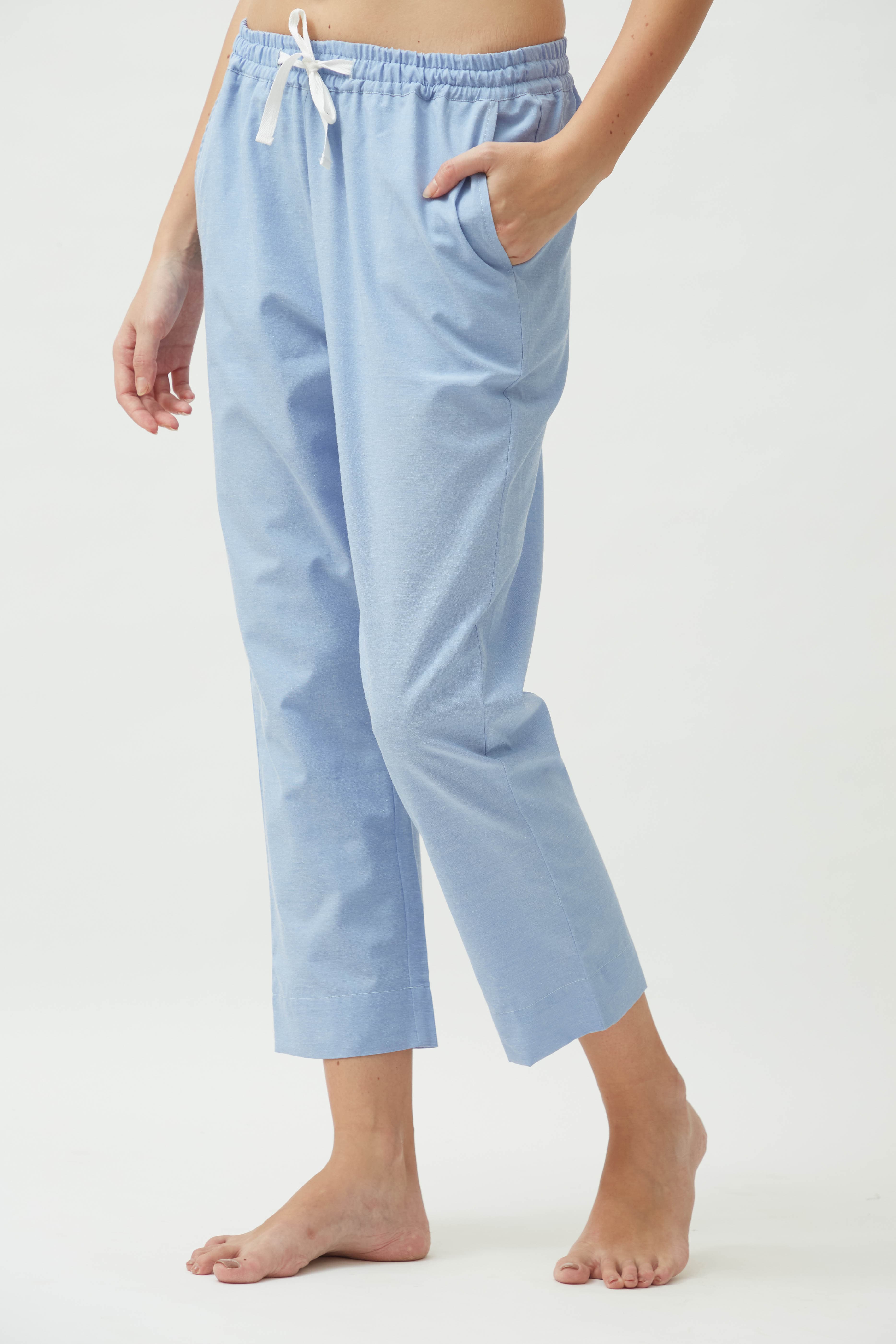 Saltpetre womens wear, indo-western pants for semi formal, casual, occassional wear. Comfortably elegant straight leg pants in pale blue colour. Ankle length, back elastic and side pockets.