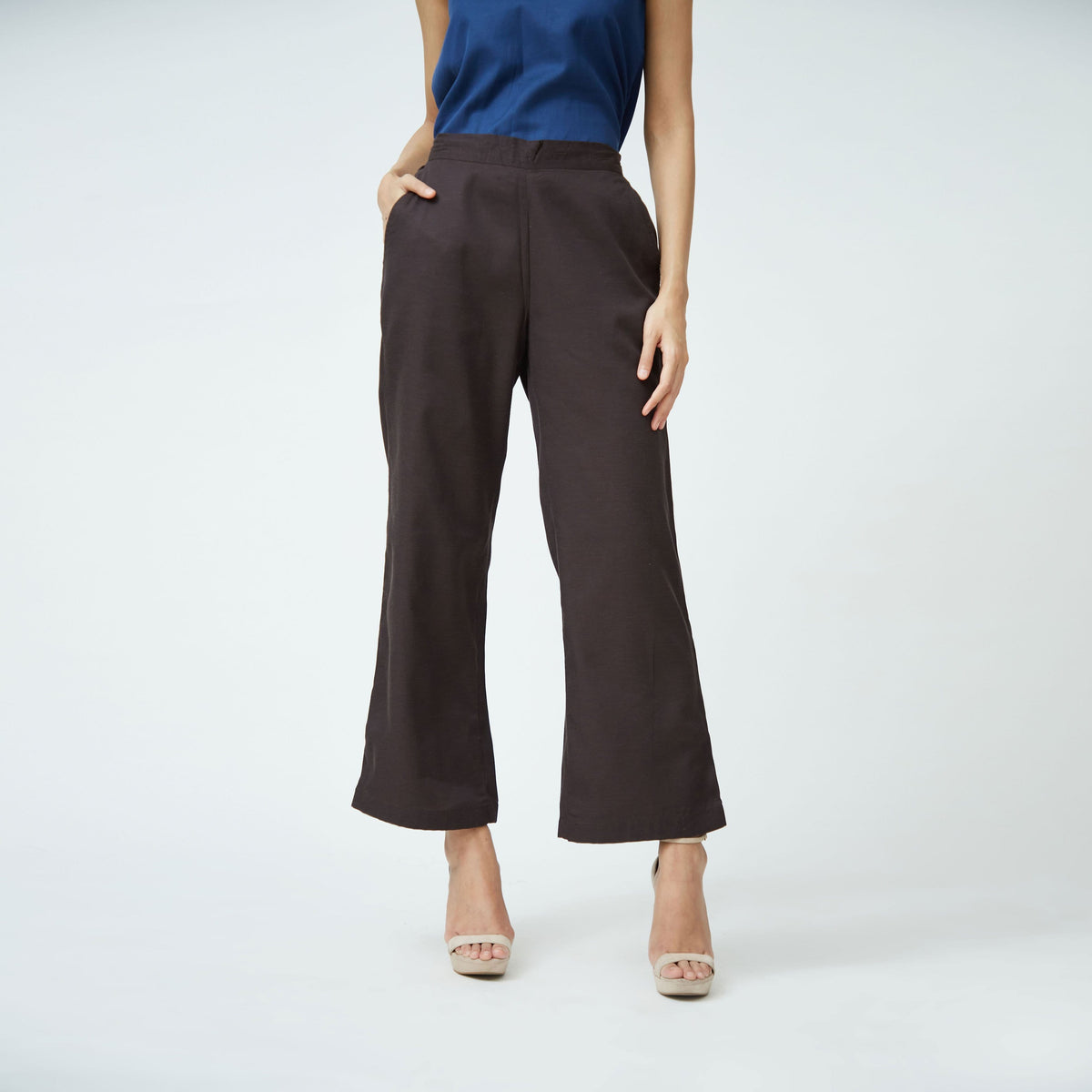 Saltpetre womens wear, indo-western pants for semi formal, casual, occassional wear. Comfortably elegant wide leg long pants in coffee brown colour. Ankle length, back elastic and side pockets.