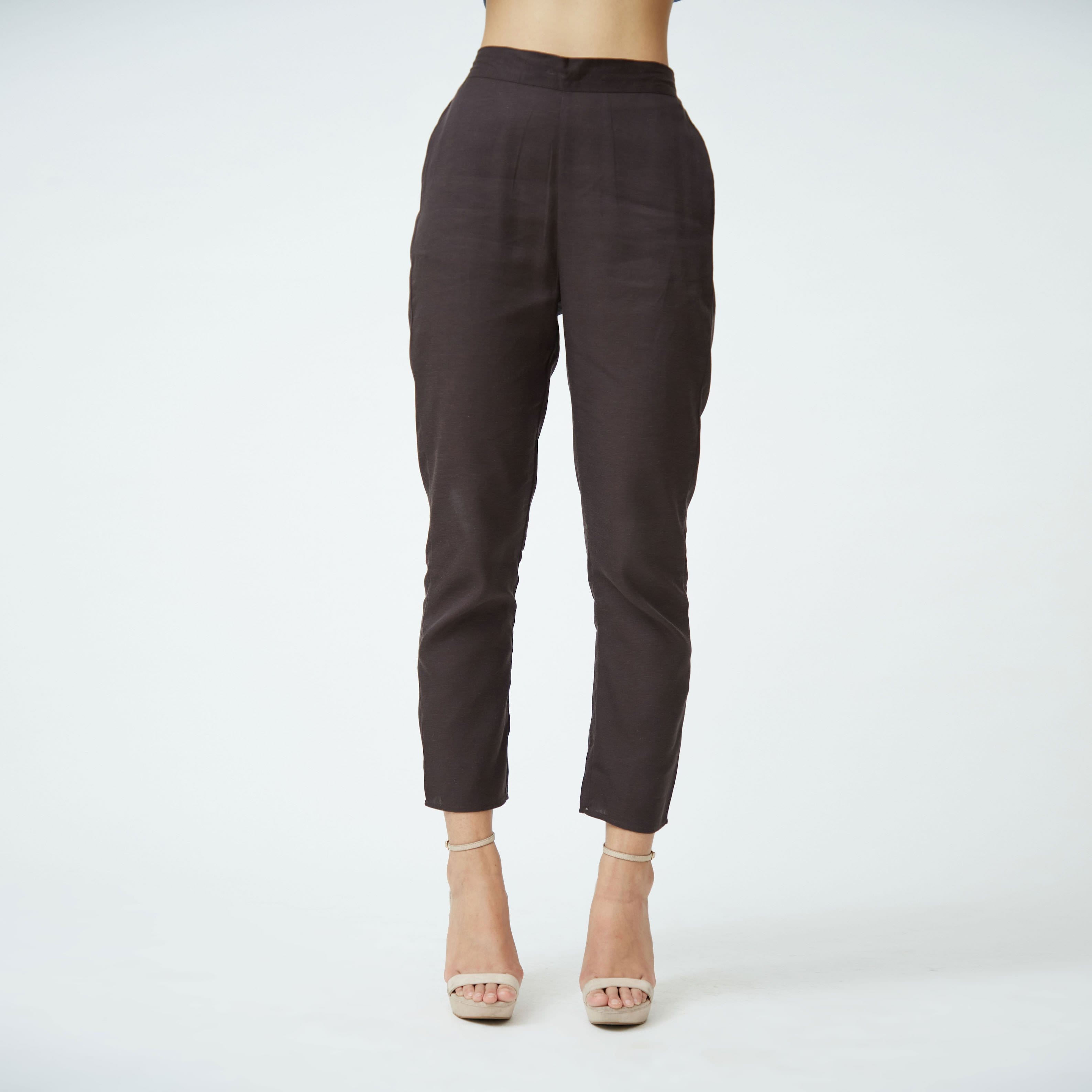 Saltpetre womens wear, indo-western pants for semi formal, casual, occassional wear. Comfortably pencil-shaped ankle-length leg pants in coffee brown colour. Ankle length, back elastic and side pockets.