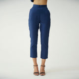 Saltpetre womens wear, indo-western pants for semi formal, casual, occassional wear. Comfortably pencil-shaped ankle-length leg pants in indigo blue colour. Ankle length, back elastic and side pockets.