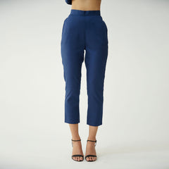 Saltpetre womens wear, indo-western pants for semi formal, casual, occassional wear. Comfortably pencil-shaped ankle-length leg pants in indigo blue colour. Ankle length, back elastic and side pockets.