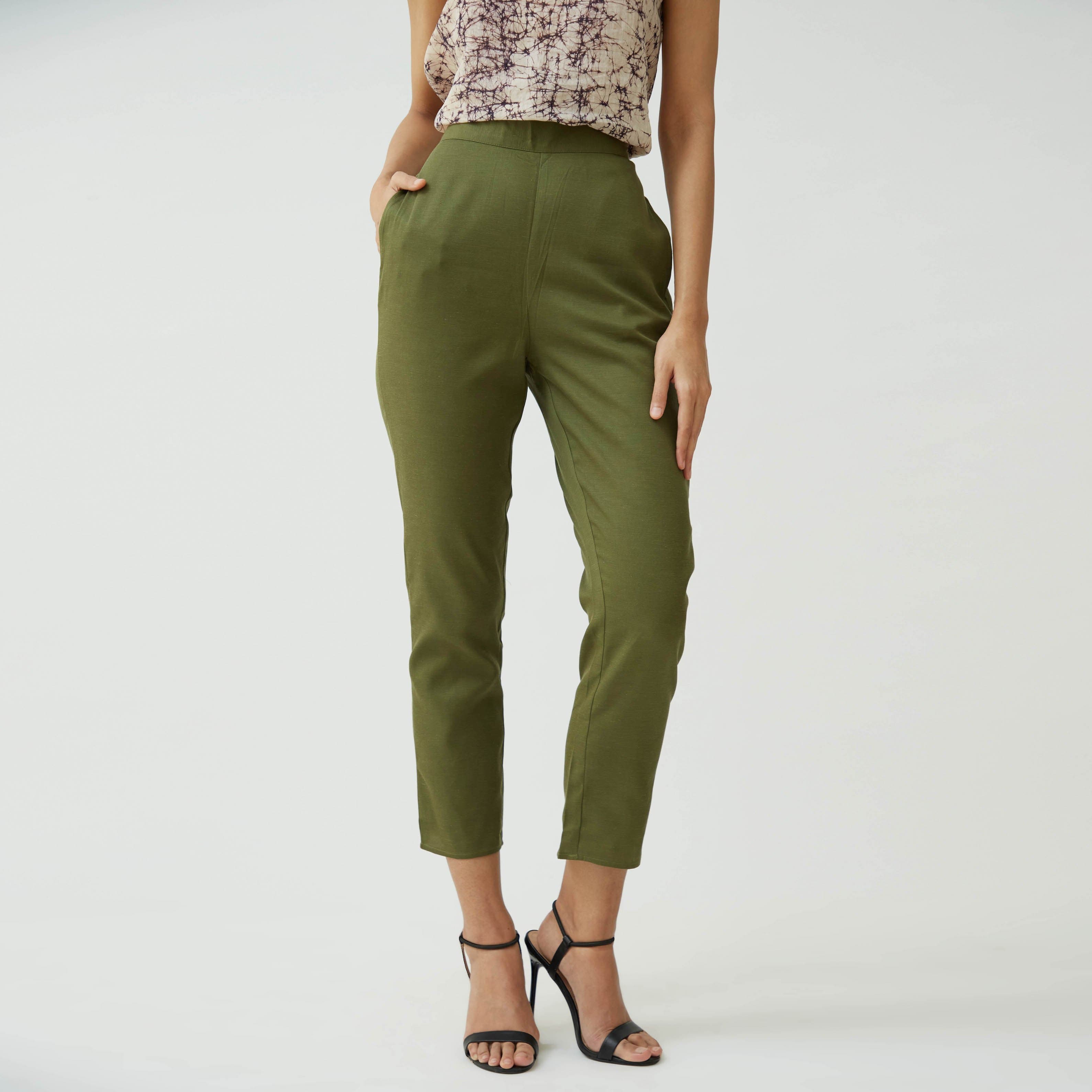 Saltpetre womens wear, indo-western pants for semi formal, casual, occassional wear. Comfortably pencil-shaped ankle-length leg pants in olive green colour. Ankle length, back elastic and side pockets.