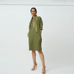 Saltpetre womens wear, indo-western knee length dress for semi formal, casual, occassional wear.
 Comfortably elegant dress in Olive green colour with three quarter sleeves, side slits and side pockets.