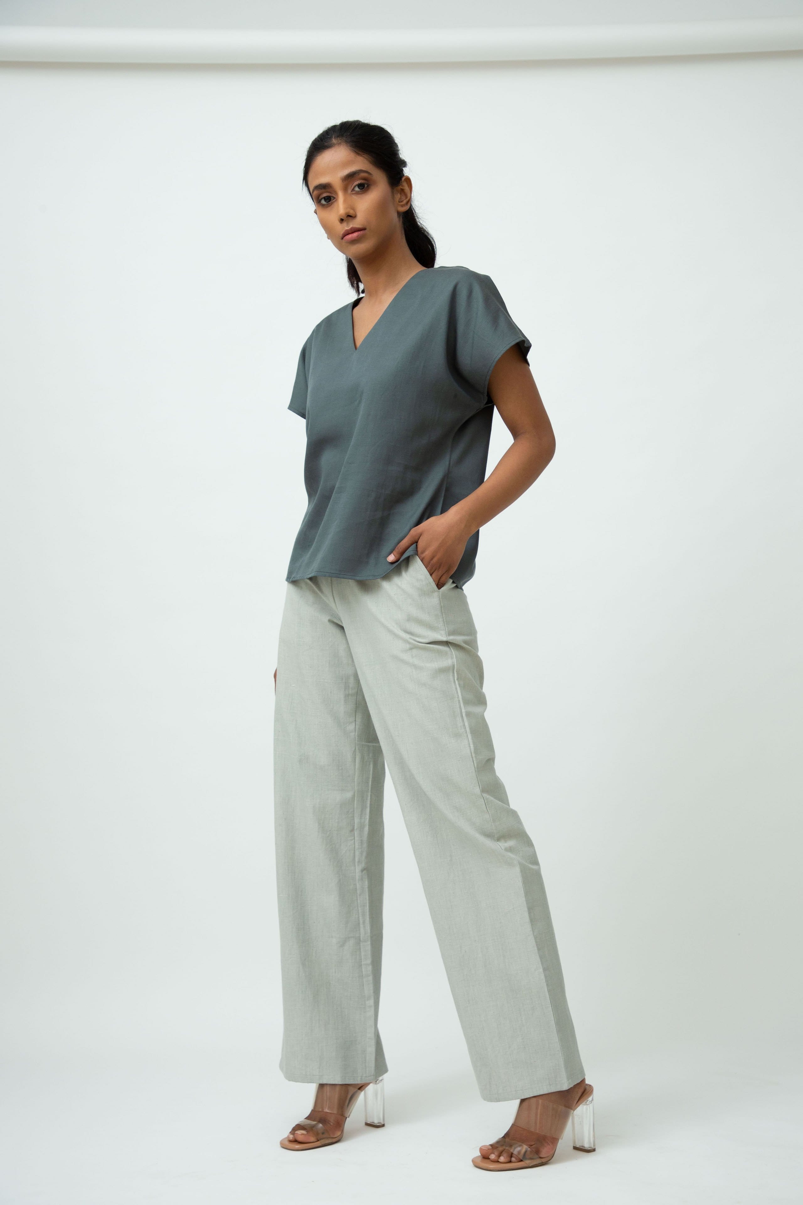 Saltpetre womens olivia set formal and casual wear - sea smoke blue, shell tops and poised pants with deep side pockets. Made of 100% organic cotton