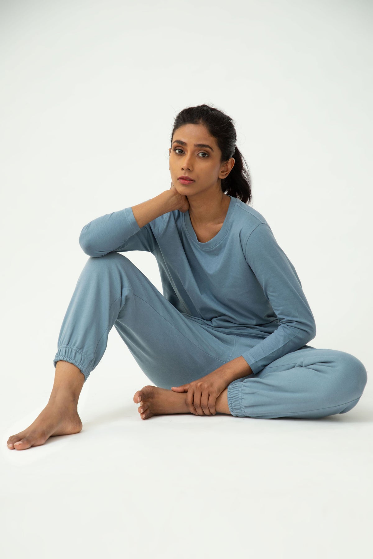 Saltpetre womens snuggle set - citadel blue with sweatshirts and full length pants with pockets, for casual and occasional wear in 100% organic cotton