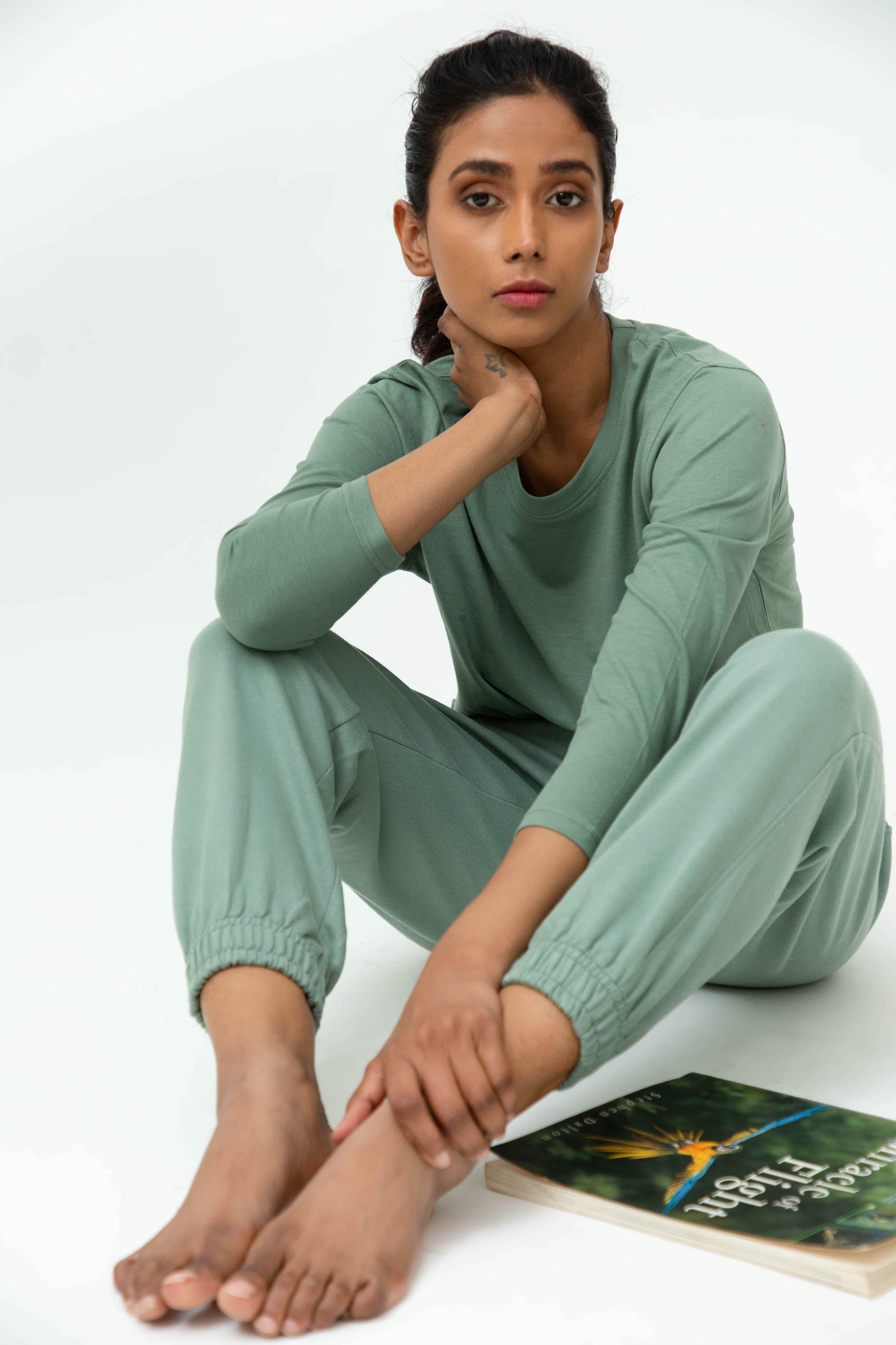 Saltpetre womens snuggle set - sage green with sweatshirts and full length pants with pockets, for casual and occasional wear in 100% organic cotton
