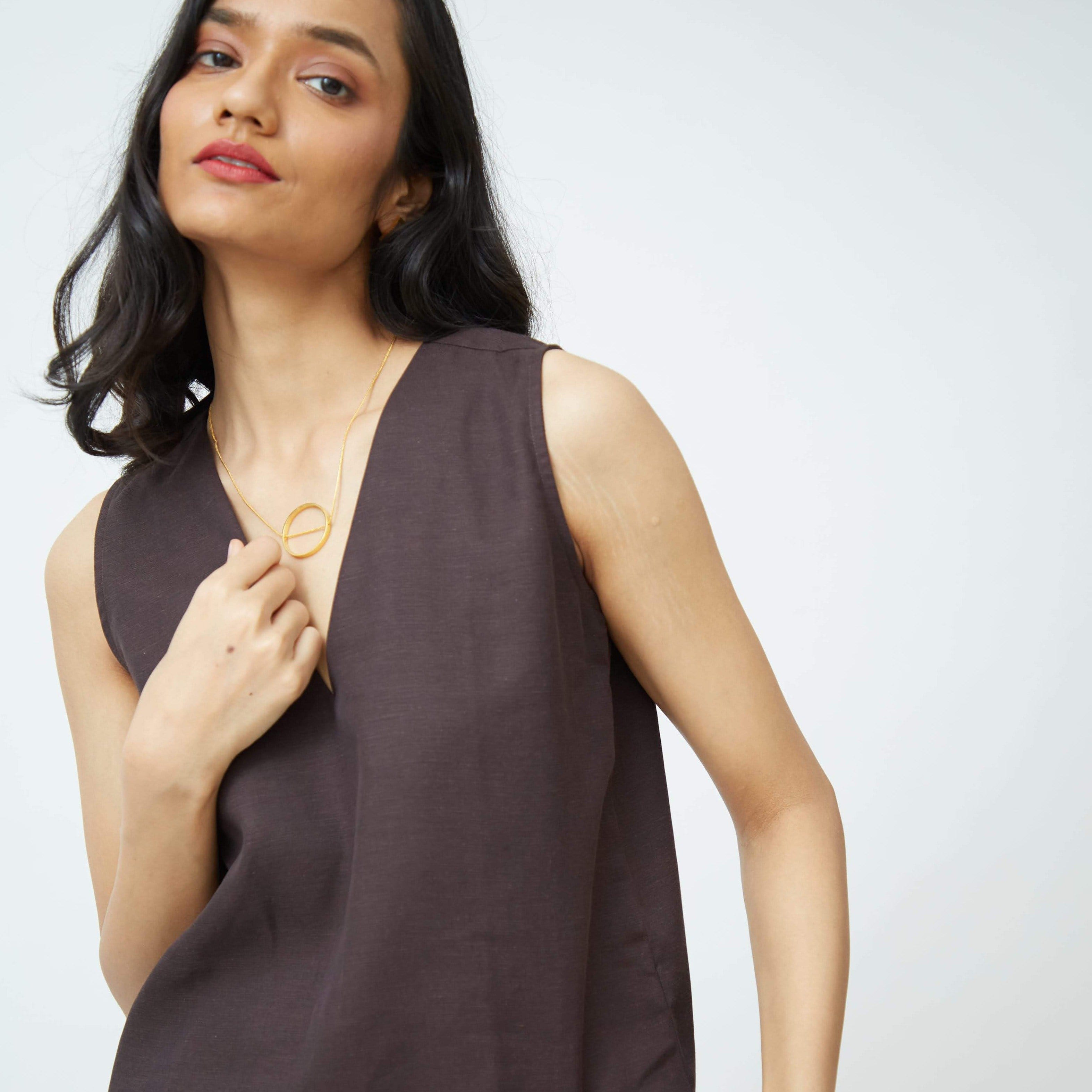 Saltpetre womens wear, indo-western shell top with v-shaped neck in coffee brown for semi formal, casual, occassional wear. Comfortably elegant woth delivate feminine straps.
