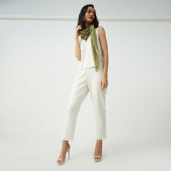 Saltpetre's womens formal, semi-formal, casual and occasion wear in 100% organic cotton. In pleasant vanilla white with a v-shape neck shell top and narrow leg pants with deep side pockets.