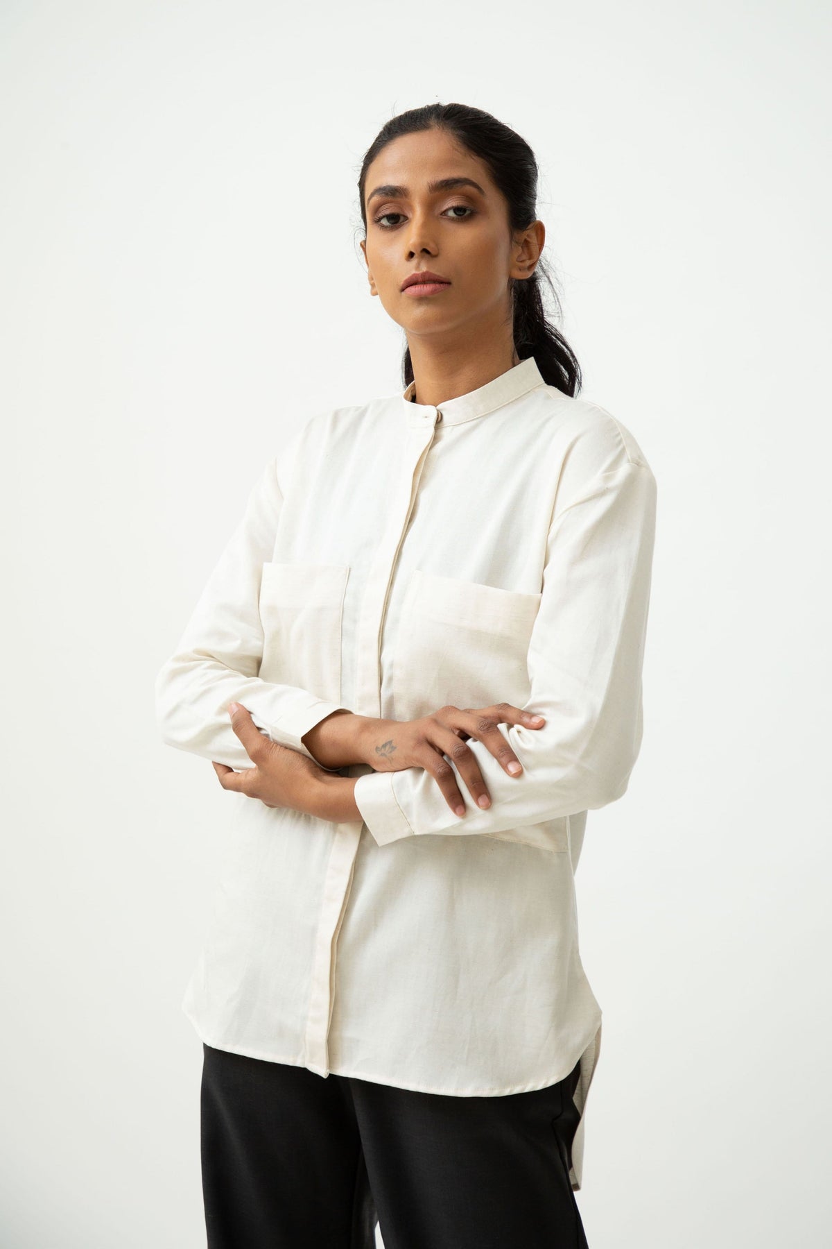 Saltpetre womens formal shirts - vanilla white with mandarin collar, full sleeves and front buttons. Made of 100% organic cotton