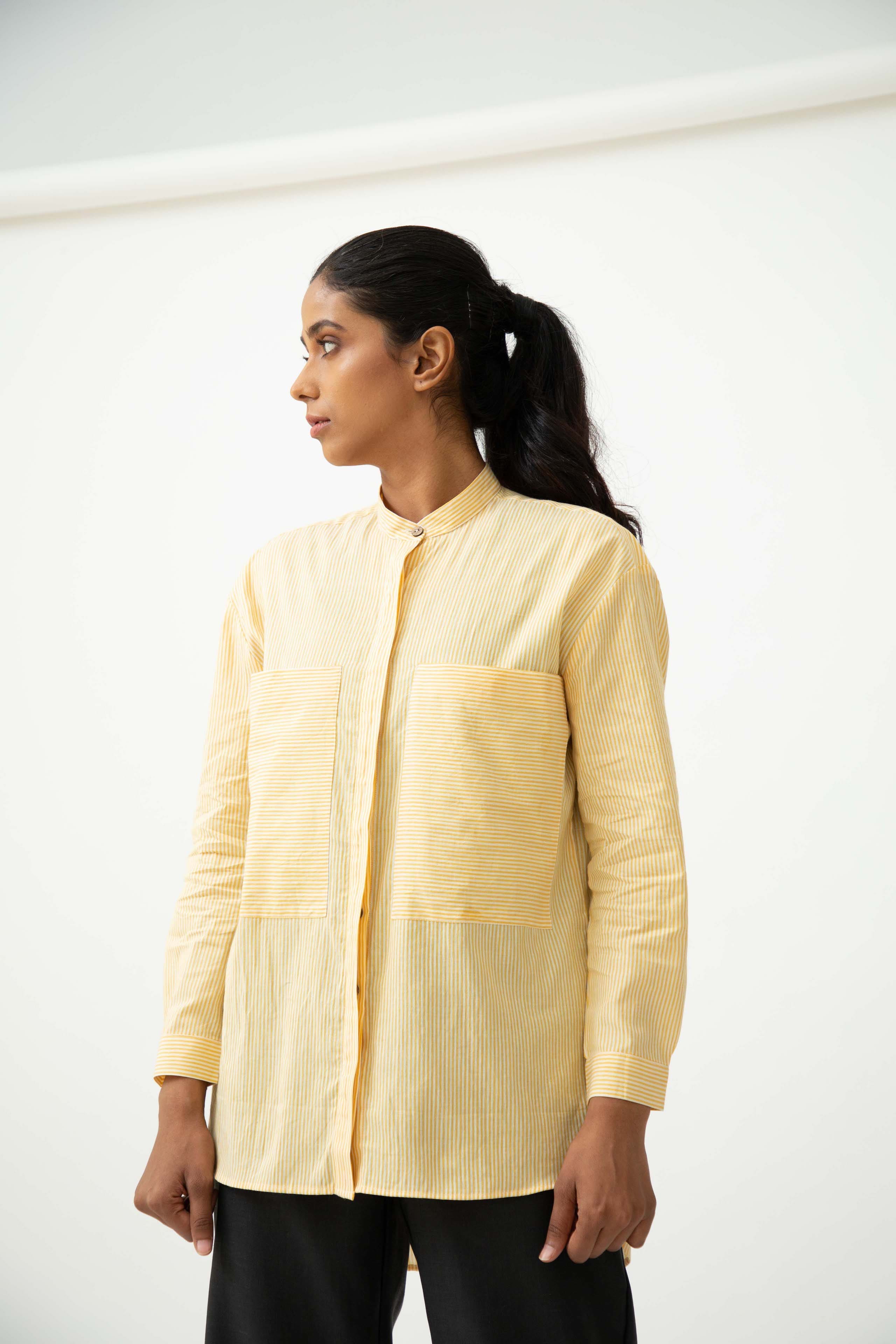 Saltpetre womens semi formal shirts - sunshine yellow with mandarin collar, full sleeves and front buttons. Made of soft handwoven cotton