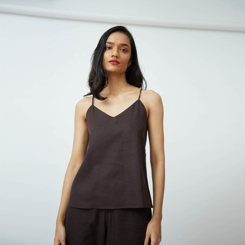 Saltpetre womens wear, indo-western slip top for semi formal, casual, occassional wear. Comfortably elegant woth delivate feminine straps in coffee brown colour.