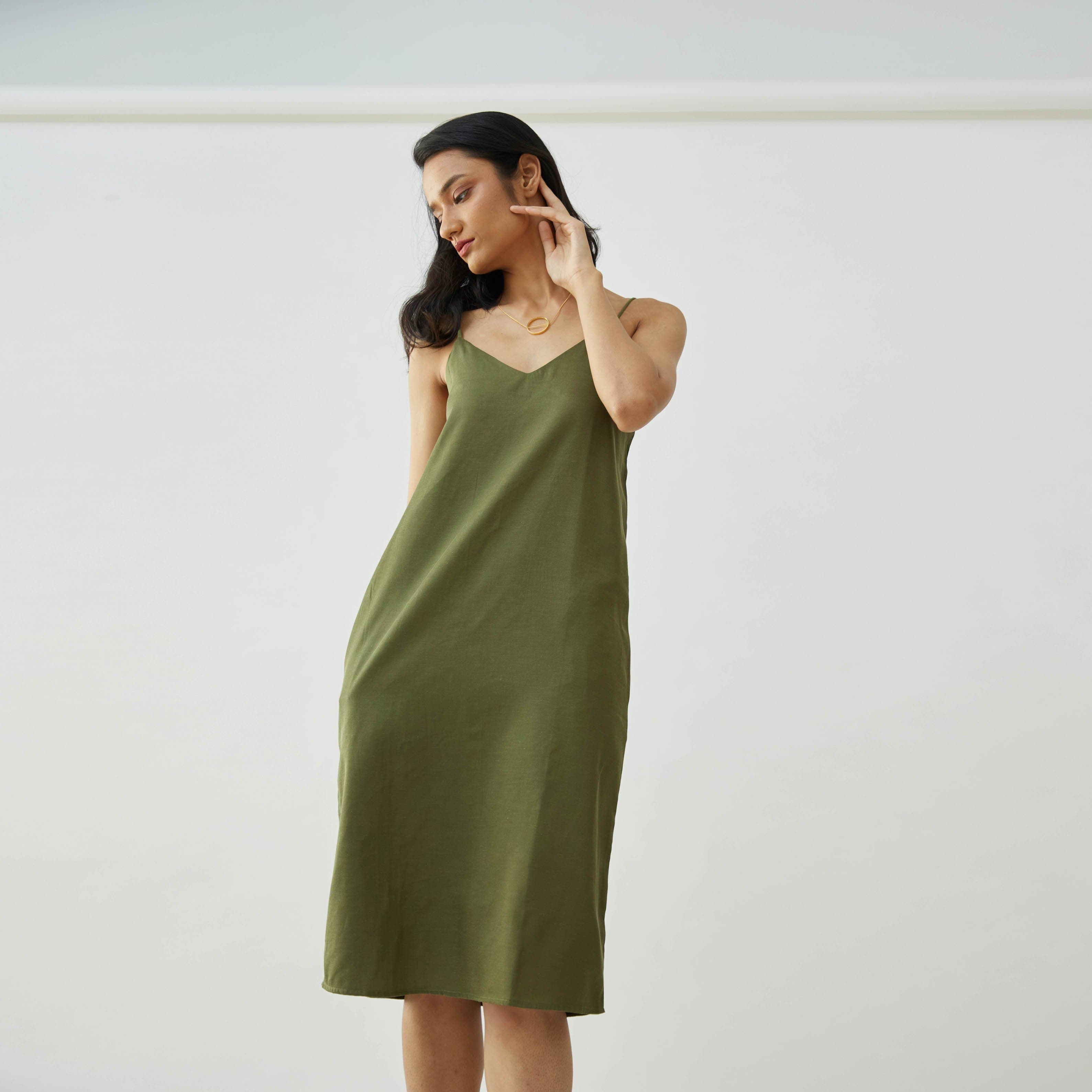 Saltpetre womens wear, indo-western slip dress in olive green for semi formal, casual, occassional wear.
 Comfortably elegant dress in indigo blue colour with delicate straps, back slit and side pockets.