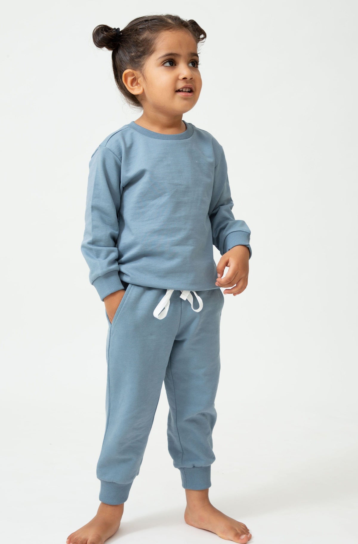 Saltpetre organic, unisex kids wear for boys and girls. Set of blue sweatshirt and joggers 