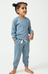 Saltpetre organic, unisex kids wear for boys and girls. Set of blue sweatshirt and joggers 