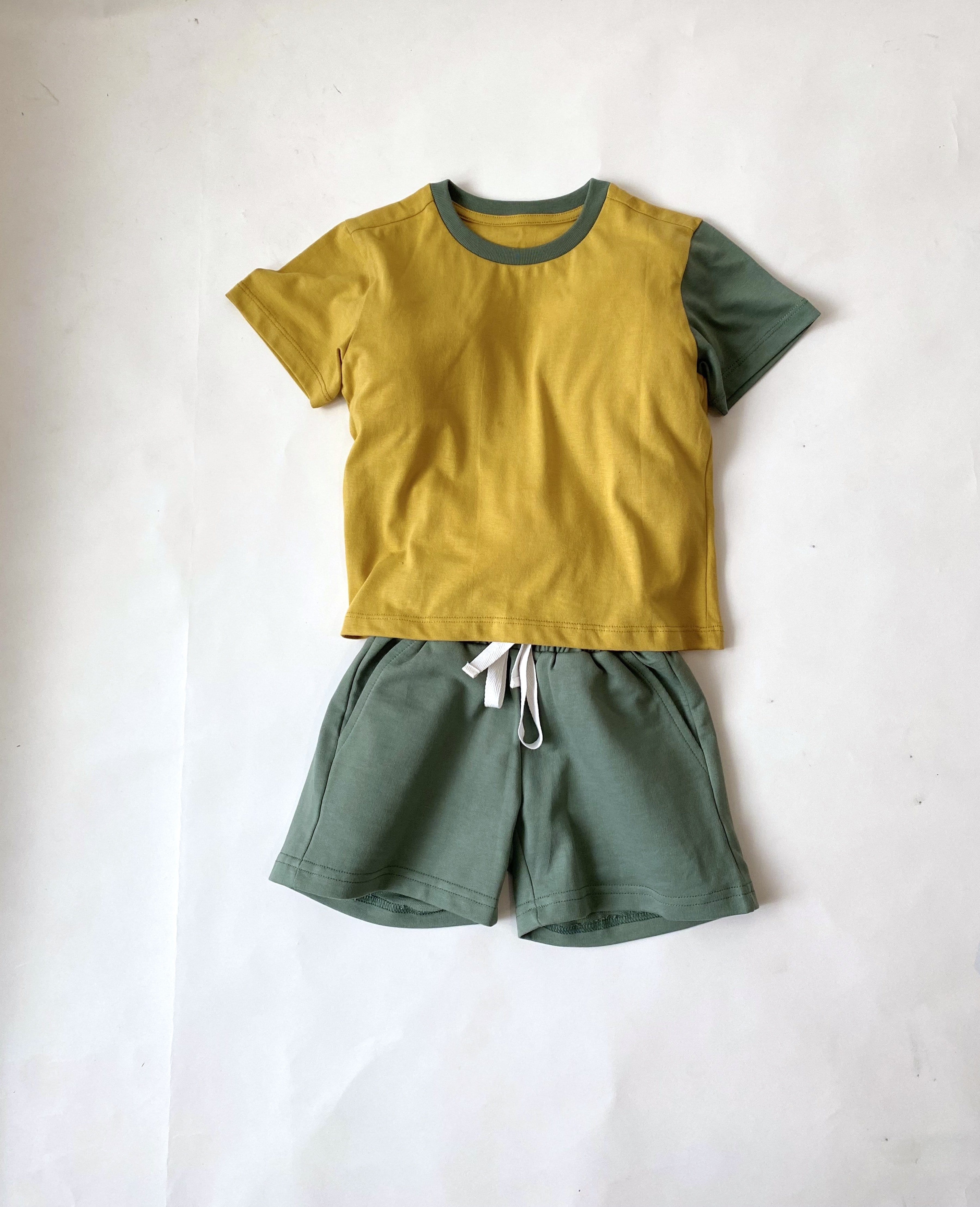 Saltpetre Set of half sleeve yellow t-shirt with green colour blocked sleeve and green pants or shorts with pockets for kids, in combination set, for casual and party wear