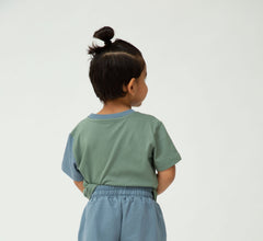 Saltpetre organic, casual unisex kids wear for boys and girls. Organic aqua blue & green colour blocked sleeve cotton t-shirt. Pastel-shade theme