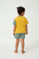 Saltpetre Set of half sleeve yellow t-shirt with green colour blocked sleeve and green pants or shorts with pockets for kids, in combination set, for casual and party wear
