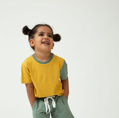 Saltpetre organic, casual unisex kids wear for boys and girls. Organic avocado yellow and green cotton t-shirt. 