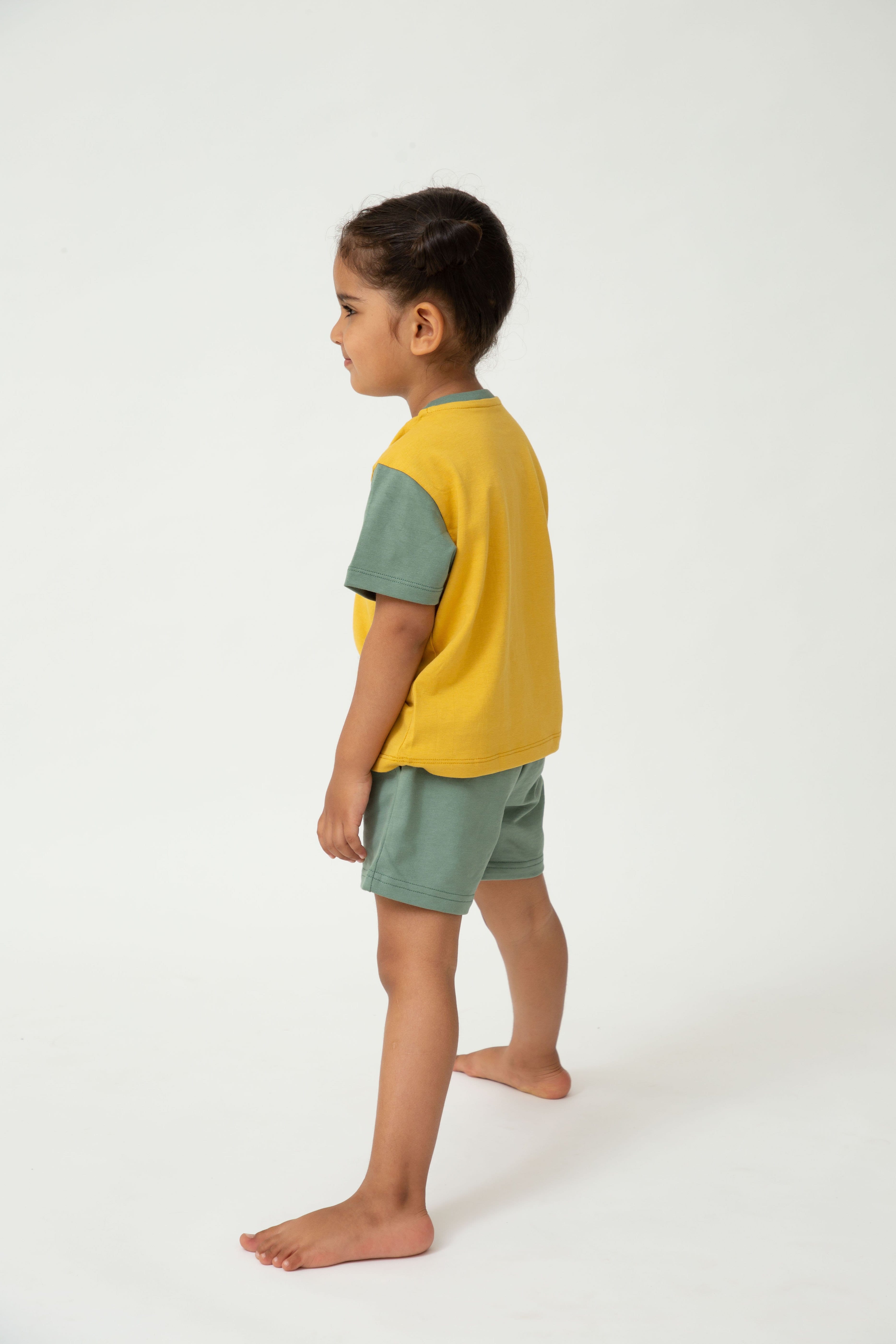 Saltpetre Set of half sleeve yellow t-shirt with green colour blocked sleeve and green pants or shorts with pockets for kids, in combination set, for casual and party wear
