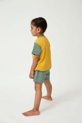 Saltpetre Set of half sleeve yellow t-shirt with green colour blocked sleeve and green pants or shorts with pockets for kids, in combination set, for casual and party wear