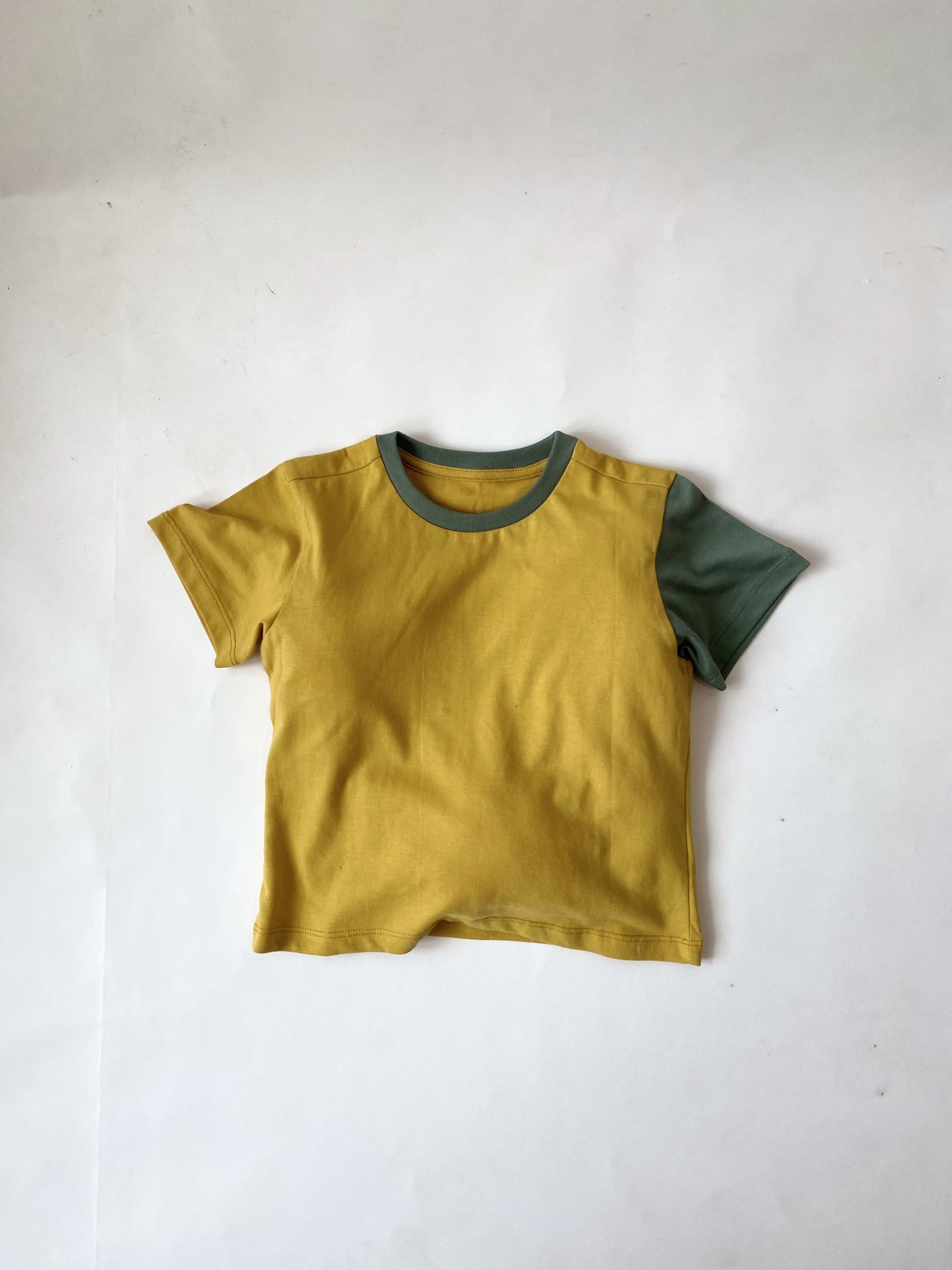 Saltpetre Set of half sleeve yellow t-shirt with green colour blocked sleeve and green pants or shorts with pockets for kids, in combination set, for casual and party wear