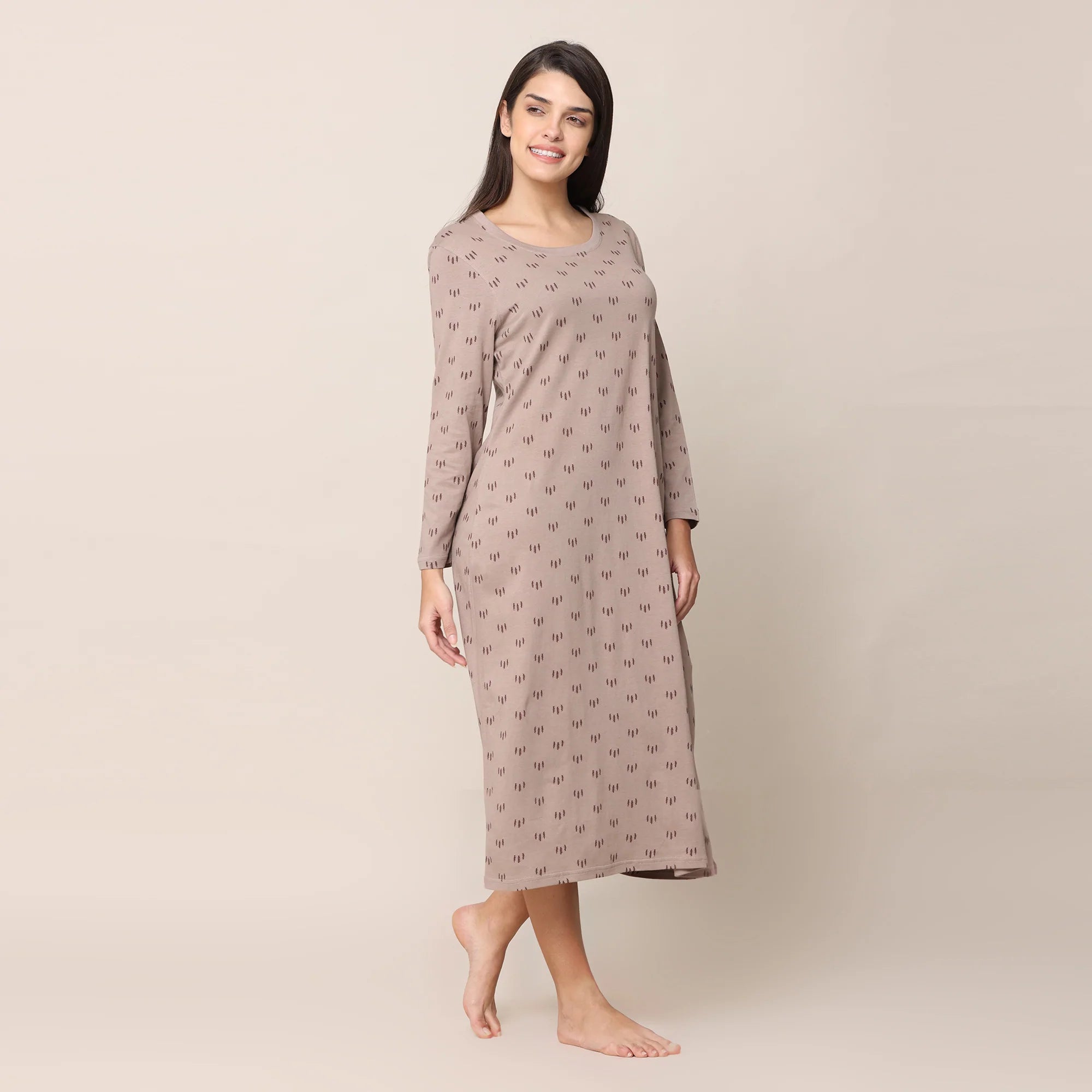 Night Dress > Taupe With All Over Pine Tree Print