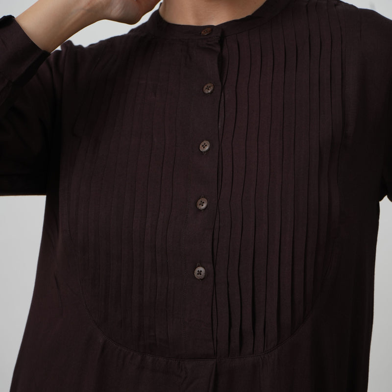 Esther Pintuck Yoke Tunic Dress - Coffee Brown