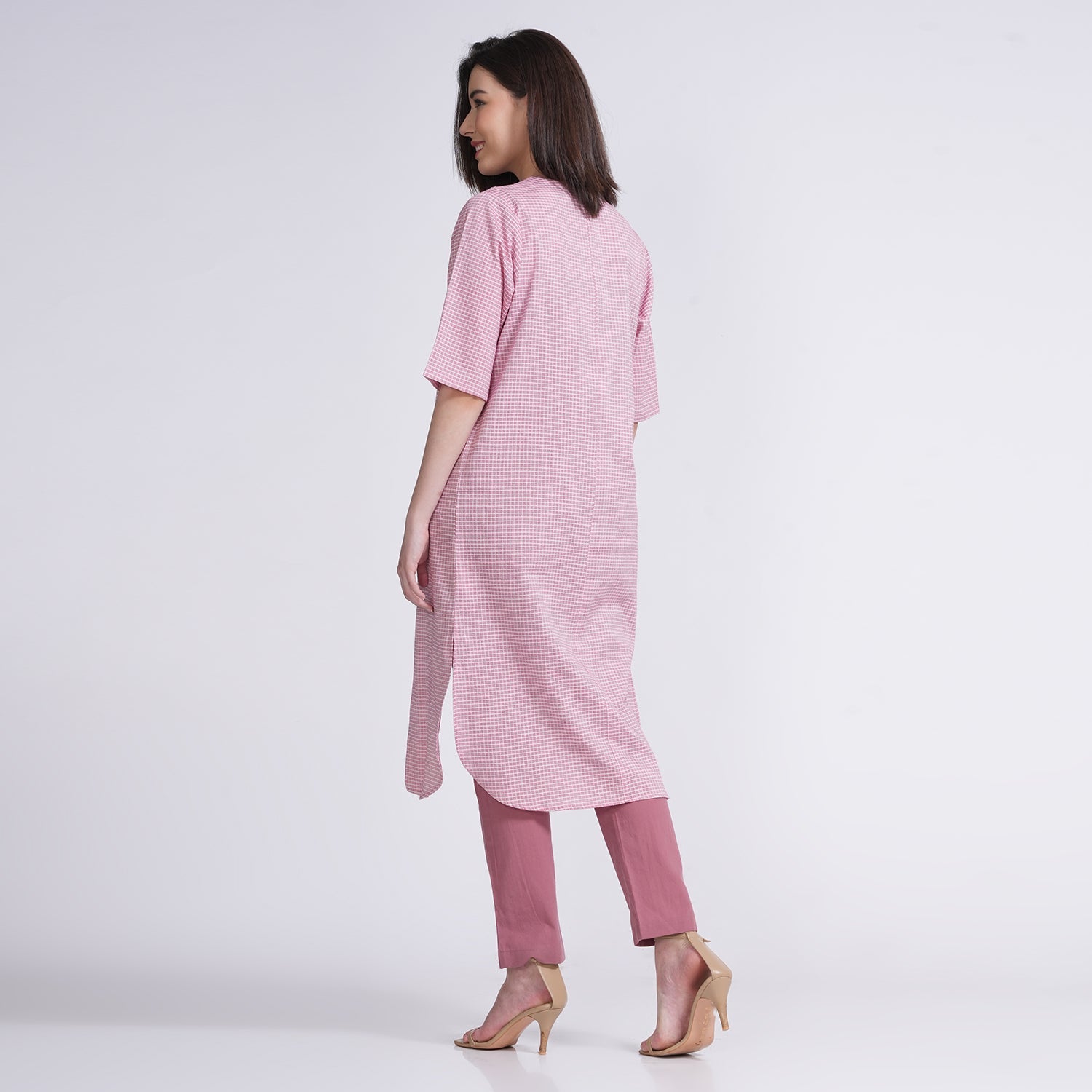 Arabella Set Of 3 - Overlay, Slip Top & Pants - Pastel Pink Check & Ecru