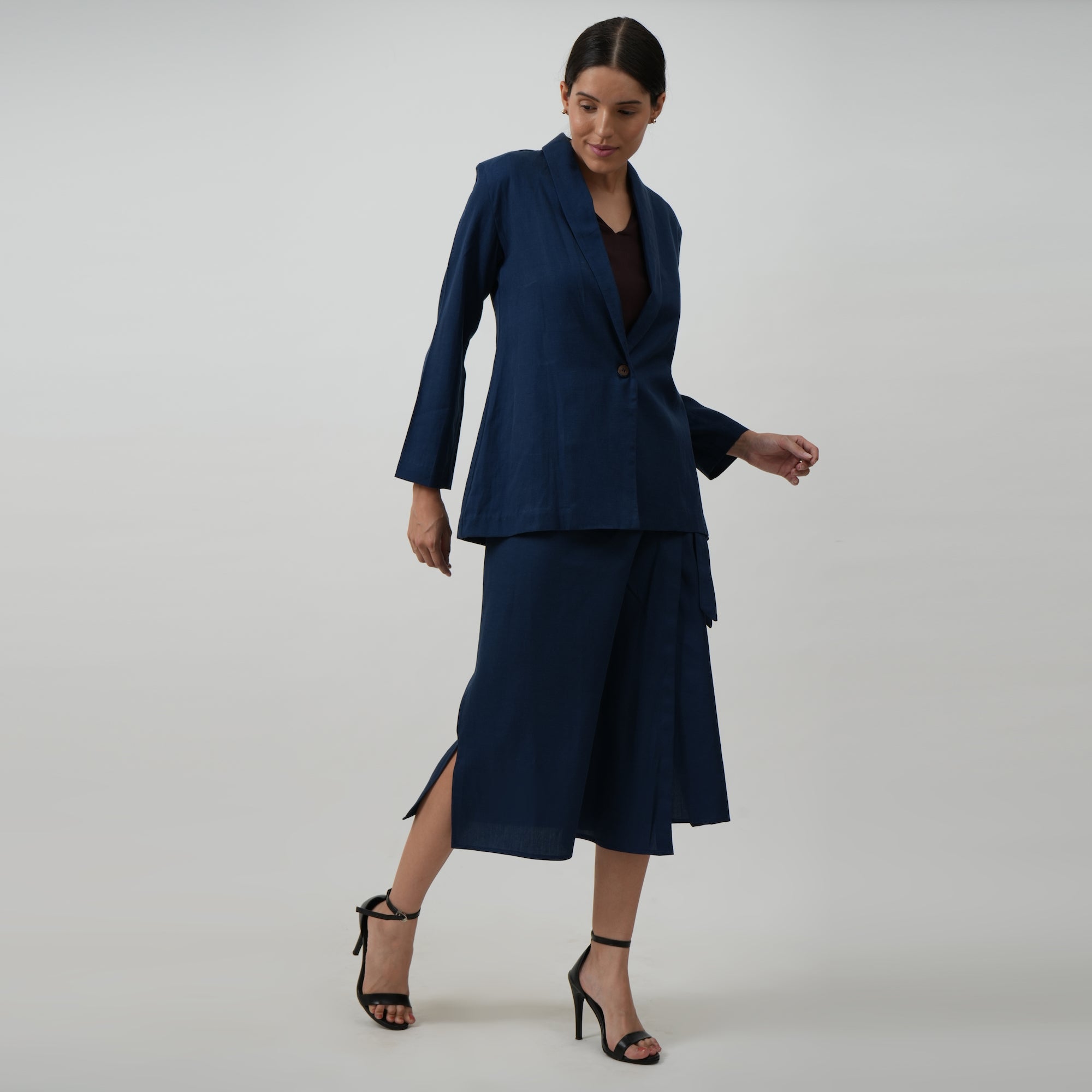 Donna Skirt Set of 3 - Wrap Skirt, Shell Top & Jacket - Navy Blue & Coffee Brown