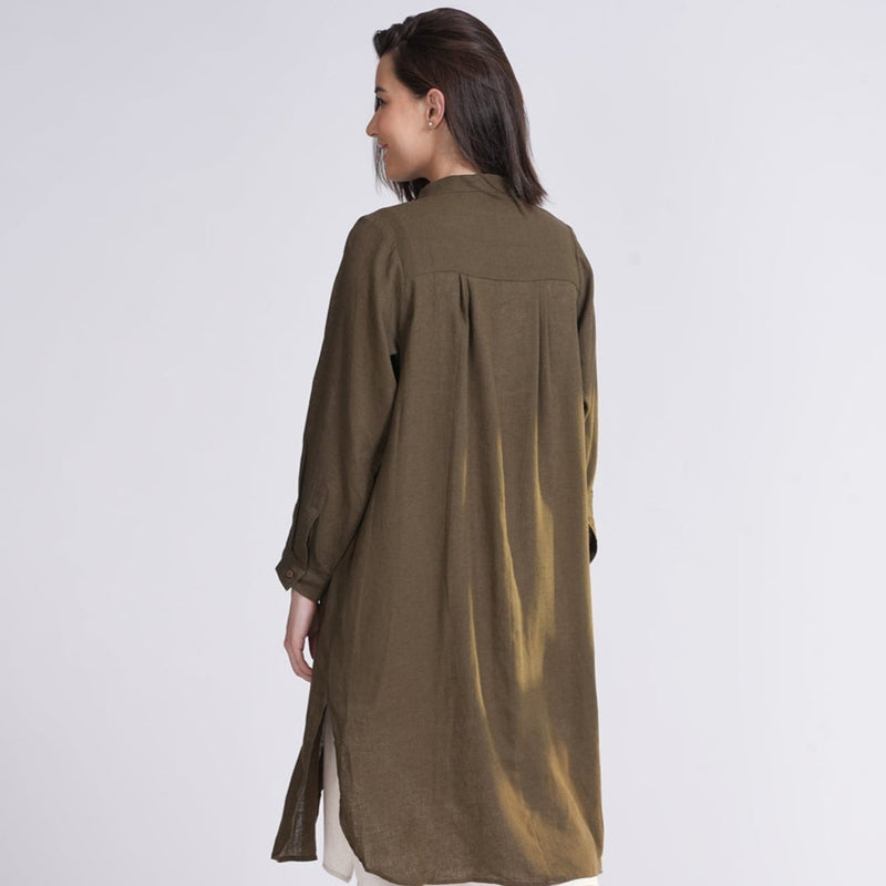 Florence Mandarin Collar Long Shirt - Olive Green