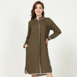 Florence Mandarin Collar Long Shirt - Olive With Ecru Contrast Edging