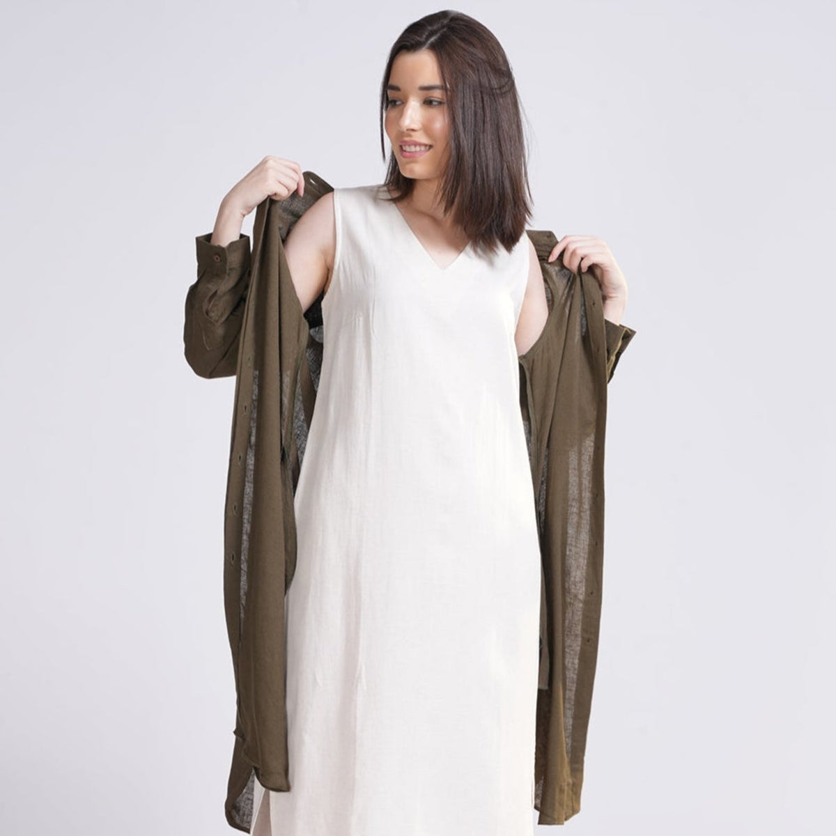 Florence Mandarin Collar Long Shirt - Olive Green