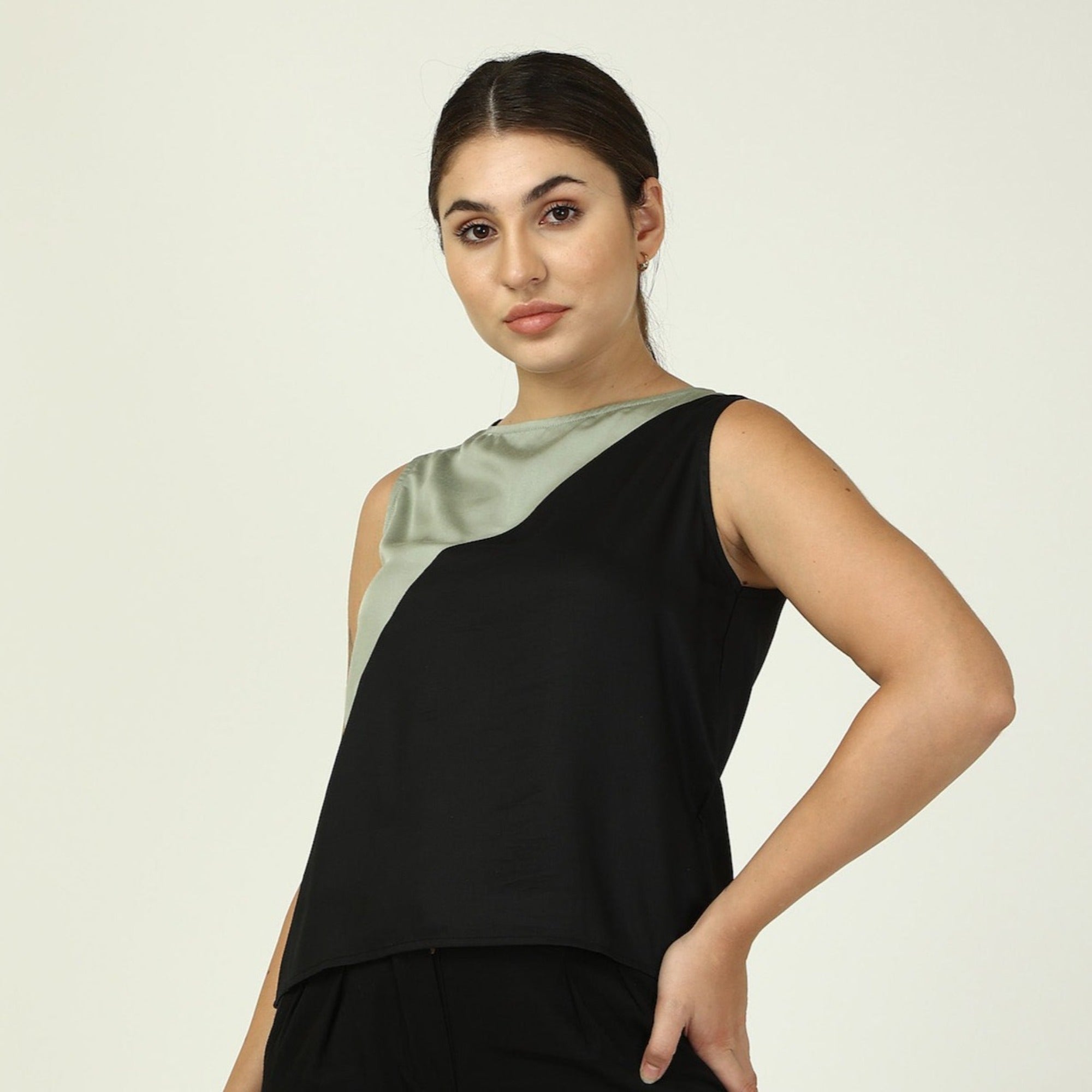 Colour Block Top - Sage, Black