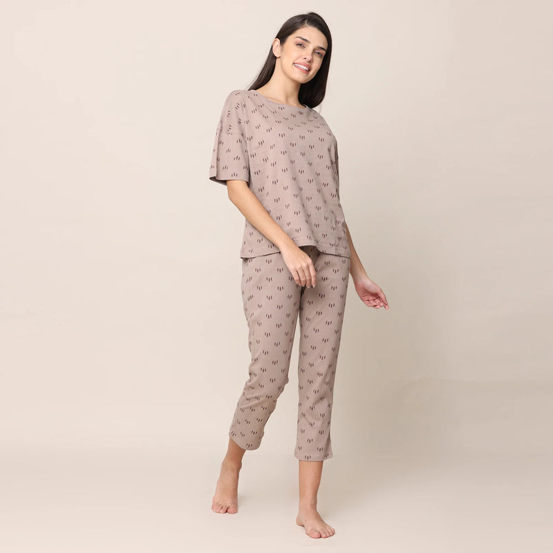 Oversized Pajama Top - Taupe With All Over Pine Tree Print