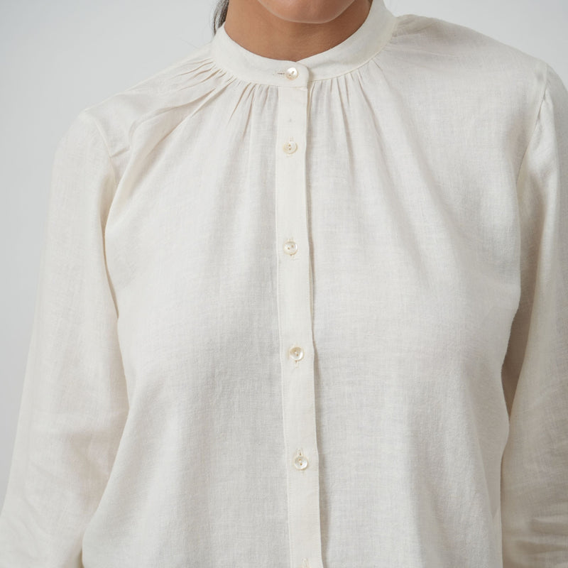 Shoji Gather Neck Shirt - Soft White Linen